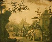 Jean-Baptiste Pillement A Chinoiserie Procession of Figures Riding on Elephants with Temples Beyond oil painting artist